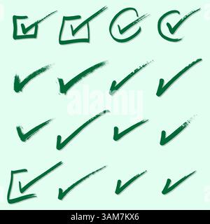 Set di segni di spunta per il tratto del pennello verde Illustrazione Vettoriale