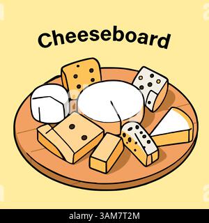 Varietà di formaggi esposti su un Cheeseboard di legno con sfondo giallo Illustrazione Vettoriale