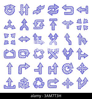 Set di frecce di disegno a mano tratteggiate per vari schizzi vettoriali Illustrazione Vettoriale