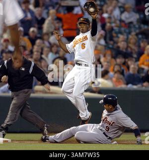 9 maggio 2006 - Stati Uniti - Carlos Guillen dei Detroit Tigers scivola in terza base mentre Melvin Mora, terza base dei Baltimore Orioles, salta per prendere un tiro alto dal ricevitore Ramon Hernandez nel quarto inning. Gli Orioles sconfissero i Tigers, 7-6, all'Orioles Park di Camden Yard a Baltimora, Maryland, martedì 9 maggio 2006. (Kenneth K. Lam/Baltimore Sun/KRT) (immagine di credito: © Kenneth K. Lam/mct/ZUMAPRESS.com) Foto Stock