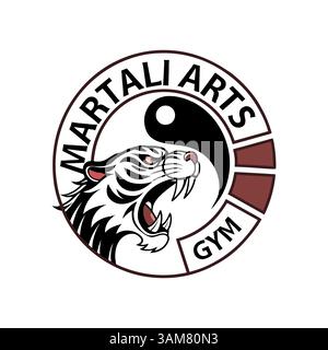 Logo di arti marziali con una tigre feroce e il simbolo Yin Yang, che rappresenta forza, equilibrio e spirito delle arti marziali. Ideale per centri di formazione Illustrazione Vettoriale