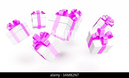 Le confezioni regalo con nodo a nastro rosa ruotano su rendering 3d bg bianco Foto Stock