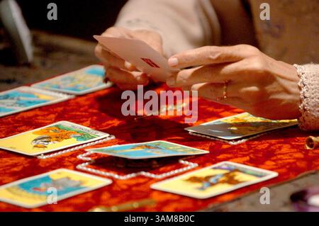 15 luglio 2006 - Stati Uniti - le carte Tarocchi sono disposte di fronte al lettore di carte Tarocchi Laurie Watts-Amato durante una ''Fiera psichica'' sponsorizzata dal Parapsychology Club presso il Mulberry Grove Center presso la comunità di pensionamento Villages sabato 15 luglio 2006, nei Villages, in Florida. (Stephen M. Dowell/Orlando Sentinel/MCT) (immagine di credito: © Stephen M. Dowell/mct/ZUMAPRESS.com) Foto Stock