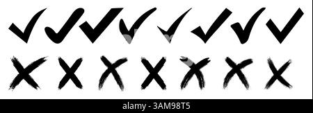 Icone con segno di spunta e croce. Segno di spunta nero e croce rossa. Icone corrette e errate impostate. segno di spunta nero e simbolo della croce rossa. Illustrazione Vettoriale