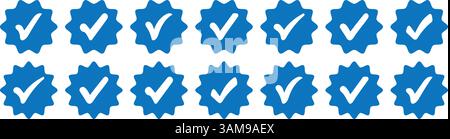 Set di icone di profilo badge verificate. Controlli sui social media, segnali garantiti, segni di spunta blu. Raccolta di icone di verifica dell'account. Illustrazione Vettoriale