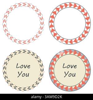 Set di cornici Love Concept. Biglietto d'auguri a forma di cuore, contorno o bordo circolare pieno, stile grafico decorativo. Ti amo lo spazio di testo. Nero rosso Illustrazione Vettoriale