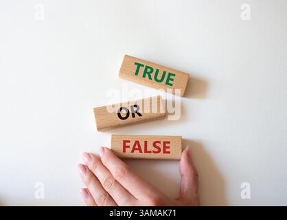 Simbolo vero o falso. Blocchi di legno con parole vere o false. Splendido sfondo bianco. Mano d'affari. Mano d'affari. Concetto di business e Tru Foto Stock