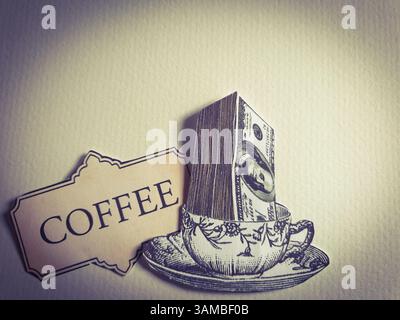 Collage concettuale che simboleggia i prezzi elevati del caffè Foto Stock
