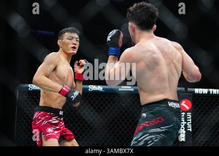 Miami, Florida, Stati Uniti. 12 aprile 2025. MIAMI, FL - 12 APRILE: Sumudaerji e Mitch Raposo si incontrano nell'ottagono per un incontro di 3 round a UFC 314 - Volkanovski vs Lopes al Kesaya Center il 12 aprile 2025 a Miami, FL (foto di Louis Grasse/PxImages) credito: PX Images/Alamy Live News Foto Stock