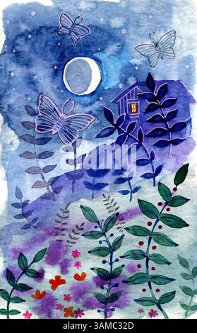 il paesaggio notturno raccoglie la luna, i fiori, la casa accogliente le farfalle magiche. Foto Stock