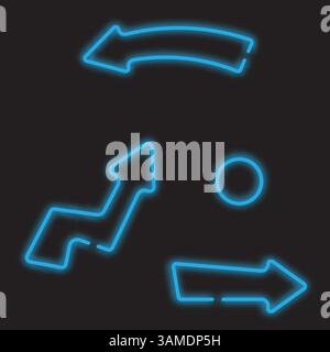 Set vettoriale di frecce al neon blu luminose su sfondo nero. Puntatori colorati. Simbolo di luce retrò brillante. Emblema per club o bar. Banner con freccia leggera. Decorazione a parete e copertura del modello. Illustrazione Vettoriale