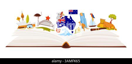 Cultura e architettura australiane, studio linguistico in un contesto infografico di collage. Aprire un grande libro di carta e il teatro dell'opera di Sydney, animali australiani, cartoni animati e illustrazioni vettoriali Illustrazione Vettoriale