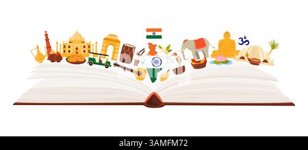 Elementi della cultura indiana, cibo e famosi monumenti architettonici dell'India in collage infografico con un libro di carta gigante aperto, monumenti e templi per i turisti che visitano l'illustrazione vettoriale dei cartoni animati Illustrazione Vettoriale