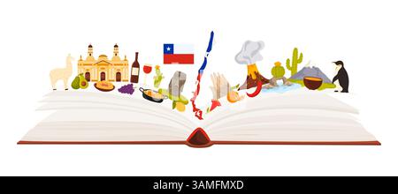 Elementi culturali cileni e attrazioni turistiche, viaggia in Cile collage infografico. Apri un grande libro cartaceo e monumenti Moai, bandiera e mappa, empanada e carino illustrazione vettoriale di cartoni animati di lama Illustrazione Vettoriale