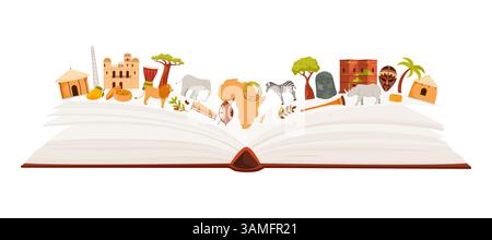 Libro aperto con cultura africana, animali iconici e monumenti tradizionali. Vivace rappresentazione della diversità e delle tradizioni del continente, illustrazione vettoriale. Illustrazione Vettoriale