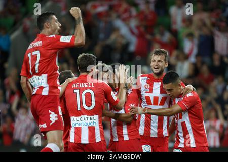 1° marzo 2014 - Melbourne, Victoria, Australia - David WILLIAMS del cuore celebra il suo gol nel 21° turno tra Melbourne Heart e Melbourne Victory nella stagione australiana Hyundai A-League 2013-24 all'AAMI Park di Melbourne, Australia. (Immagine di credito: © Sydney Low/ZUMAPRESS.com) Foto Stock