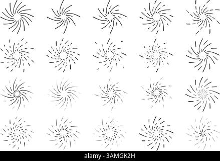 Icone dei fuochi d'artificio contorti. Esplosioni, radiazioni o effetti di flash. Simboli dei raggi solari. Segnali scintillanti o scintillanti, stelle, scoppio di sole o raggi di sole isolati su sfondo bianco. Illustrazione grafica vettoriale. Illustrazione Vettoriale
