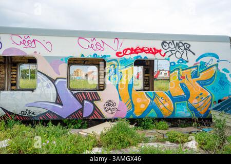 Carrozze ferroviarie passeggeri distrutte, fatiscenti e abbandonate accanto alla stazione ferroviaria in disuso nella città di Barreiro-Portogallo. Foto Stock