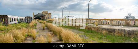 Carrozze ferroviarie passeggeri distrutte, fatiscenti e abbandonate accanto alla stazione ferroviaria in disuso nella città di Barreiro-Portogallo. Foto Stock