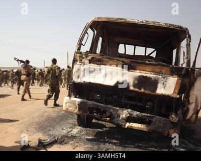 12 gennaio 2014 - Bentiu, Sud Sudan - soldati di pattuglia. L'Esercito Popolare di Liberazione del Sudan del Sud (SPLA) ha combattuto per riconquistare la capitale Unity State di Bentiu nel nord del Sudan del Sud. Bentiu è stato riconquistato dal (SPLA) dalle mani dei ribelli, guidati dall'ex vicepresidente Machar. Bentiu è uno degli stati più preziosi del Sud Sudan e uno dei maggiori produttori di petrolio del paese. L'ONU accusa entrambe le parti di bloccare gli aiuti. (Immagine di credito: © Samir Bol/ZUMA Wire/ZUMAPRESS.com) Foto Stock