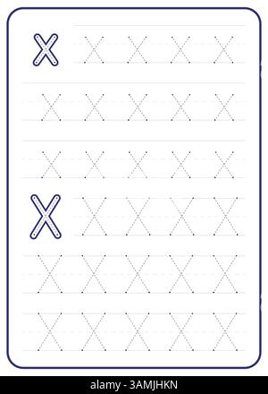 Traccia lettera X. Un foglio di lavoro per la pratica di scrittura dei bambini. Progettazione vettoriale. Illustrazione Vettoriale