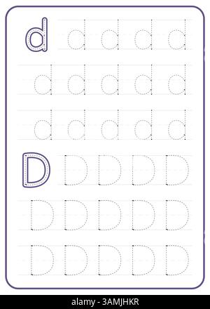 Traccia lettera D. Un foglio di lavoro per la pratica di scrittura dei bambini. Progettazione vettoriale. Illustrazione Vettoriale