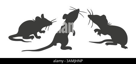 Mouse. Set di silhouette di ratto isolate nere. Punto disegnato a mano in pose, emozioni e movimenti diversi. Schizzo a mano libera del contorno Illustrazione Vettoriale