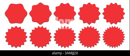 Set di francobolli circolari di colore rosso. Set di icone vettoriali di adesivi rotondi di colore rosso. Set di adesivi per prezzi, vendita o sconto. Temp. Cerchio Illustrazione Vettoriale