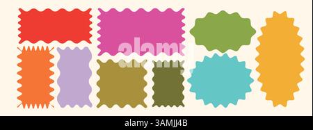 Collezione di colorate cornici ondulate astratte a zig zag in diverse forme con spazio per il testo. Adesivi impostati in forma rettangolare, circolare, ovale e ad arco. Illustrazione Vettoriale