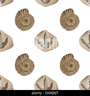 Motivo senza cuciture con stampa di guscio e zampa predatoria. Fossili preistorici. Impronta di ammoniaca e dinosauro. Illustrazione acquerello senza sfondo Foto Stock