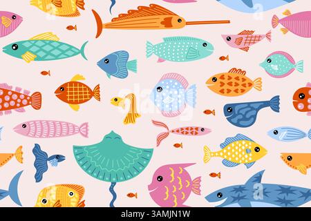Motivo a pesci. Sfondo carino e infantile divertente, texture marina estiva o design di stampa su tessuto per bambini di animali marini scandinavi. Tessuto decorativo, carta da regalo. Personaggi subacquei. Carta da parati senza cuciture vettoriale Illustrazione Vettoriale