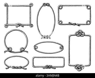 Telai per funi. Bordo lasso ovale. Schizzo del profilo della barca marina. Nodi aggrovigliati. Struttura rettangolare per cordage. Cavo intrecciato. Attacco della Marina. C. Lineare Illustrazione Vettoriale