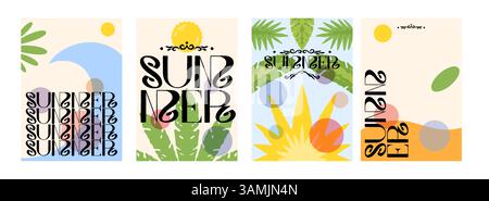 Sfondo astratto. Motivo estivo. Poster per festa artistica con doodle liquidi moderni e luminosi. Biglietto da viaggio dal design minimalista. Vacanze estive. Scrittura calligrafica. Set di modelli di banner per bambini vettoriali Illustrazione Vettoriale