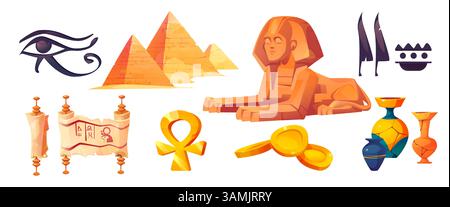 Simboli della storia antica egiziana: Piramidi in pietra egiziana, grande statua della sfinge e pergamena, maschera d'oro faraone e vasi d'argilla, occhio di Horus e croce di Ankh. Vettore decorativo storico. Illustrazione Vettoriale