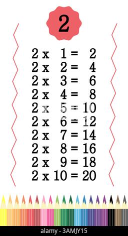 Tavolo di moltiplicazione con matite colorate per bambini. Tavolo da tempo per bambini colorato. Illustrazione Vettoriale
