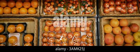 Immagine di intestazione del sito Web di varie arance e pompelmi confezionati in plastica, esposta sugli scaffali del negozio di alimentari. Diversi stili di confezionamento e disposizioni per la frutta fresca in ambienti di vendita al dettaglio Foto Stock