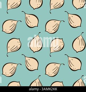 Motivo senza cuciture con frutta esotica fig. Disegnare a mano i doodle. Contorno dei fichi su sfondo blu pastello. Illustrazione vettoriale Illustrazione Vettoriale