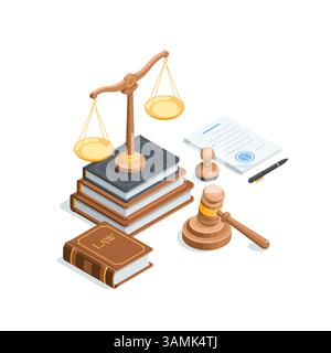 servizi legali per la progettazione di vettori isometrici e consulenza legale, a colori su sfondo bianco, scale su libri e martello di un giudice Illustrazione Vettoriale
