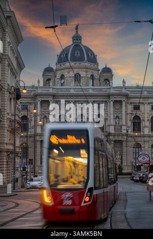 Vista di un tram con il Museo di storia naturale (Naturhistorisches Museum) sullo sfondo al crepuscolo, Vienna, Austria Foto Stock