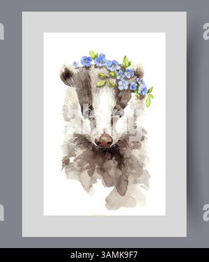 Bellissimo procione con corona di fiori sulla testa e pelliccia a righe sulle pareti. Grafica acquerello Illustrazione Vettoriale