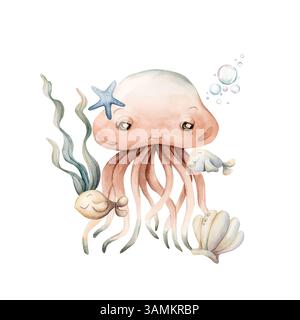 Carine meduse con pesci stelle marine alghe e bolle d'acqua. Animale marino dell'oceano. Adorabile mondo sottomarino morbido. Isolante dipinto a mano in acquerello Foto Stock