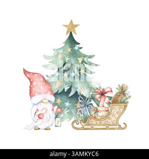 Gnomo natalizio con lanterna e canna da zucchero, abete rosso con ghirlande con bandiere a forma di triangolo e stella, slitta in legno con scatole regalo. Illustrazione isolata ad acquerello per auguri di buon anno. Foto Stock