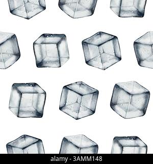 Motivo minimalista ad acquerello senza cuciture con cubetti di ghiaccio realistici. Ideale per marchi di bevande, imballaggi, design tessile, sfondi e sfondi eleganti. Foto Stock