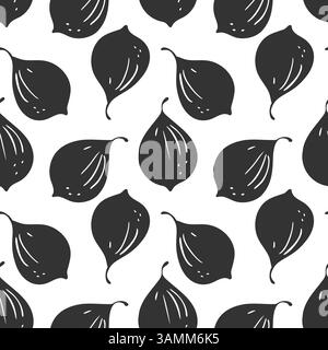 Fichi su sfondo bianco scuro, motivo senza cuciture con silhouette di fichi. Bianco e nero. Illustrazione vettoriale Illustrazione Vettoriale