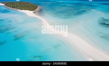 Vista aerea di un'isola tropicale con acque turchesi e una spiaggia sabbiosa, Nosy Iranja, Madagascar. Foto Stock