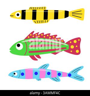 Set di colorati pesci tropicali. Pesci cartoni animati. Illustrazione Vettoriale