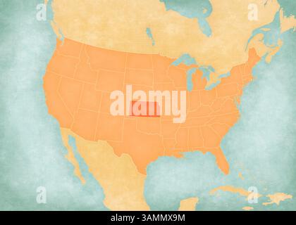 Kansas sulla mappa degli Stati Uniti d'America in morbido grunge e stile vintage, come carta vecchia con pittura ad acquerello. Foto Stock