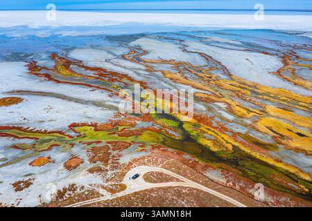 Vista aerea della formazione astratta di acqua lungo la costa del lago Elton, un grande lago salato con minerali a Vengelovskoe, Oblast' di Volgograd, Russia. Foto Stock