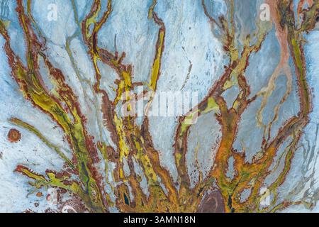 Vista aerea della formazione astratta di acqua lungo la costa del lago Elton, un grande lago salato con minerali a Vengelovskoe, Oblast' di Volgograd, Russia. Foto Stock