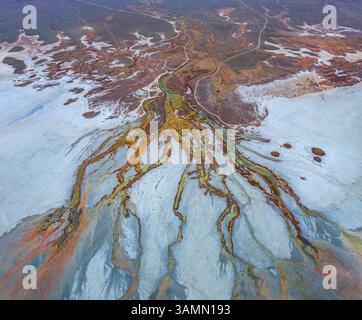 Vista aerea della formazione astratta di acqua lungo la costa del lago Elton, un grande lago salato con minerali a Vengelovskoe, Oblast' di Volgograd, Russia. Foto Stock